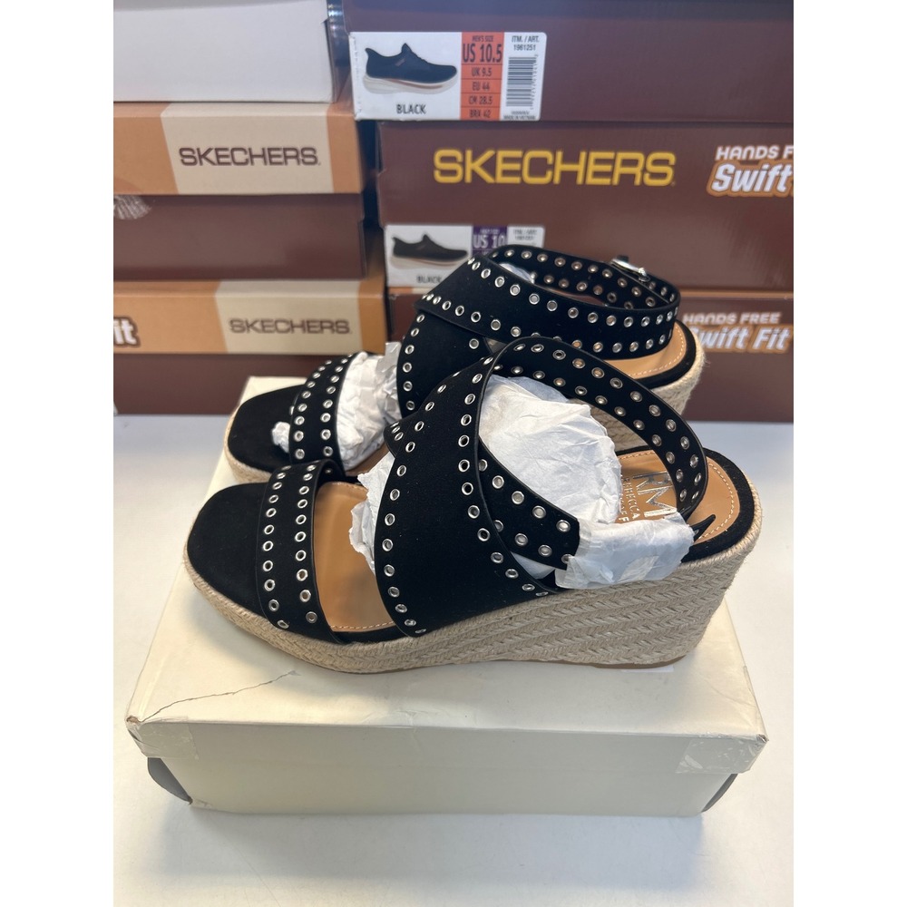 Rebecca Minkoff Gemma Blk Grommet Studded Espadrille Wedge Sandals Women 9M 0567